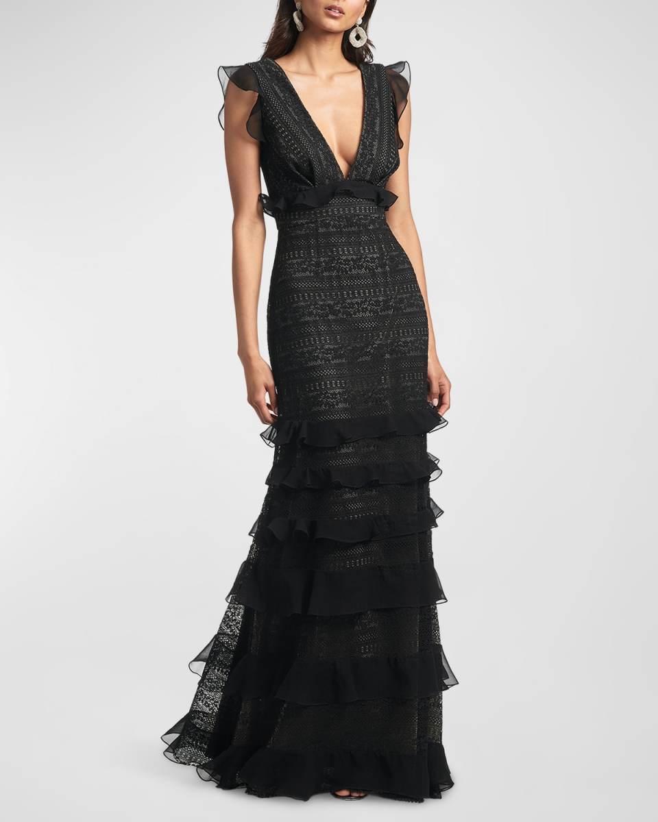 Serafina Ruffle-Trim Deep V Neck Lace Gown